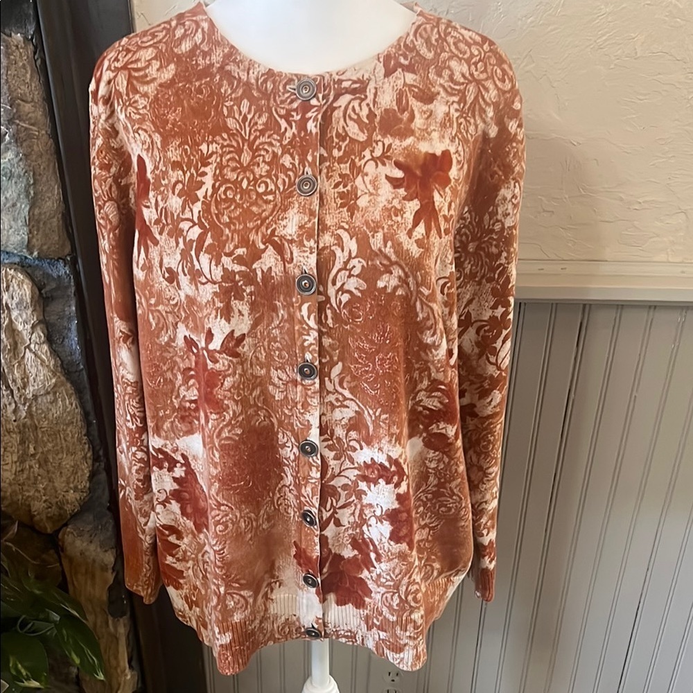 CJ Banks Orange and Cream Buttoned Long Sleeve Top